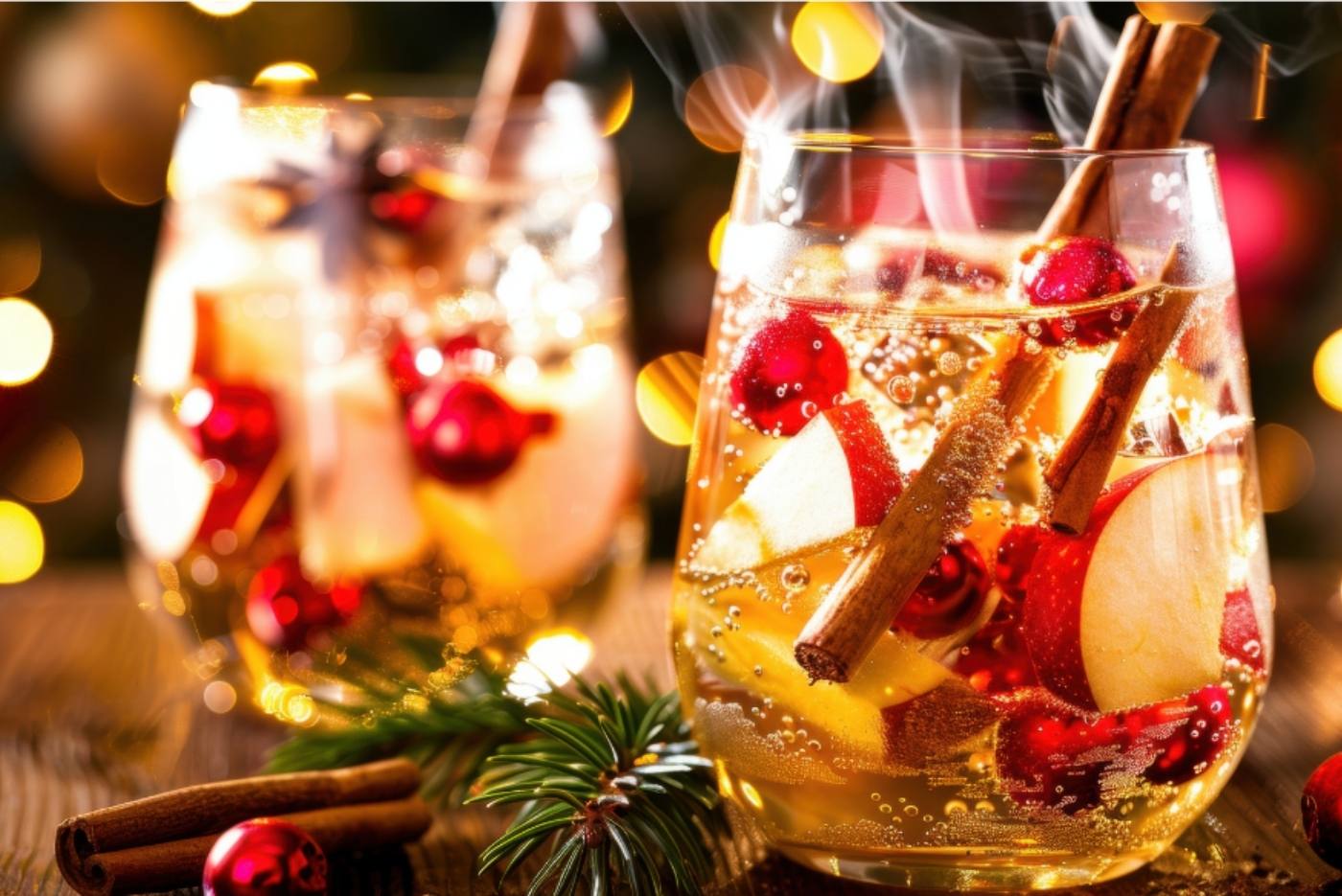 Two glasses with Christmas decorations and ingredients